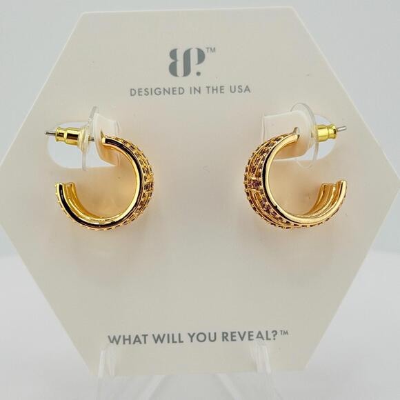 Bomb Party Hoop Earring “Luxe Is All You Need” Pink Corundum on Gold BOW Huggies - Picture 4 of 7